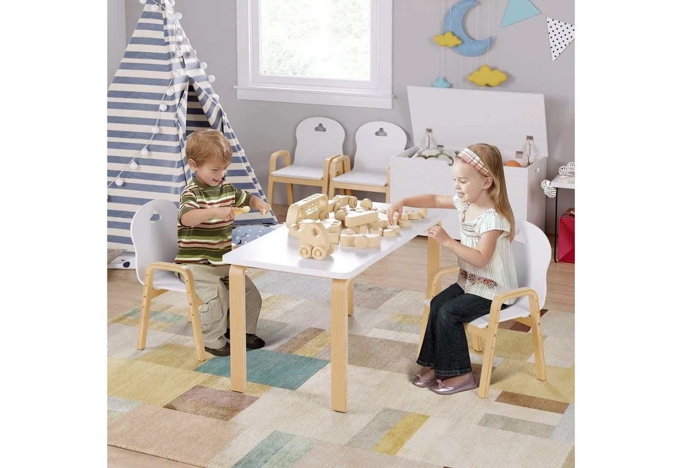 Homfa Kinderstuhl 4er Set Höhenverstellbar 61,5-48,5 cm Massivholz