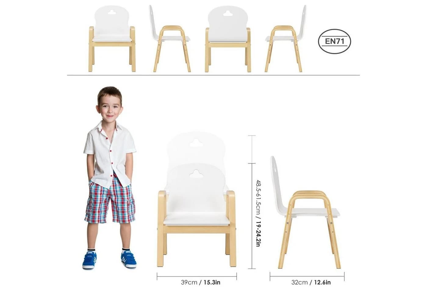 Homfa Kinderstuhl 4er Set Höhenverstellbar 61,5-48,5 cm Massivholz - Bild 3