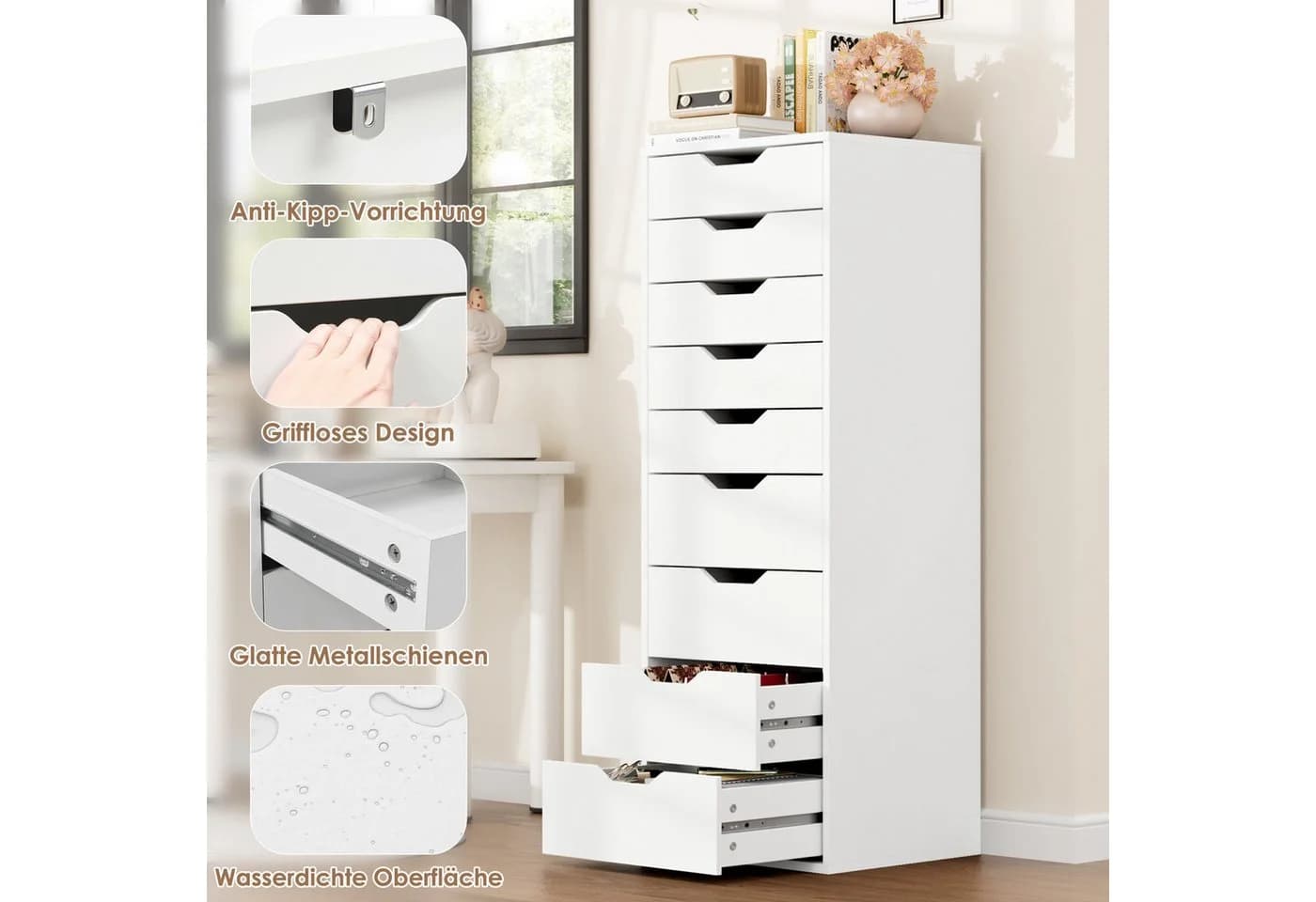Homfa Kommode 9 Schubladen schmal weiß 45x40x124cm - Bild 5