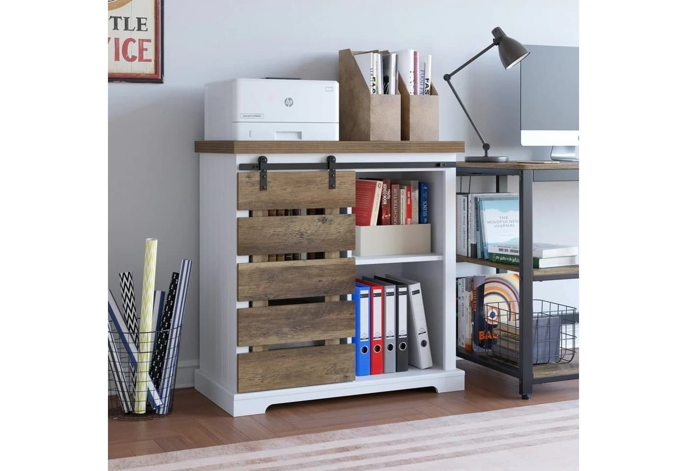 HOMECHO Buffet Sideboard mit Schiebetür Anrichte Weiß/Braun Rustikal - Bild 5