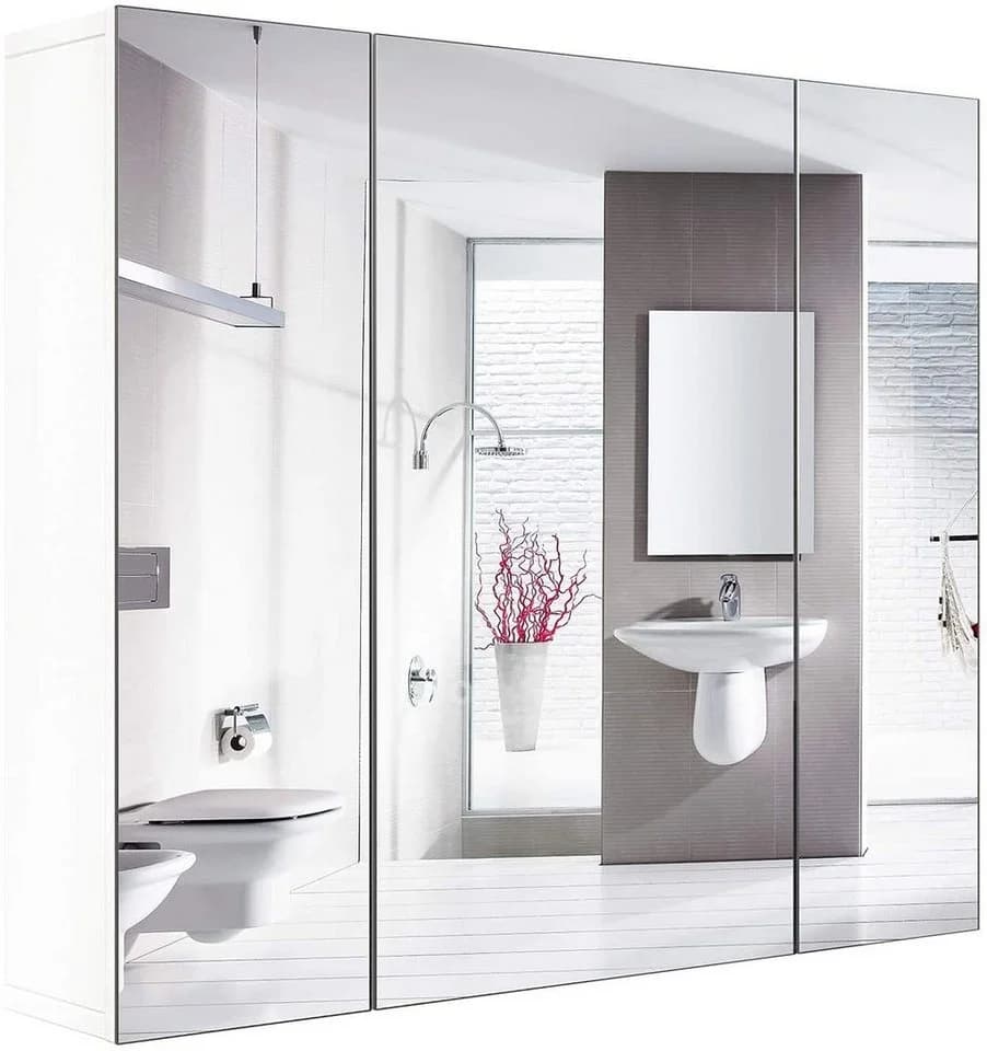 Homfa Spiegelschrank Badezimmerschrank 3 Türen Weiß Holz 70x60x15 cm - Bild 2
