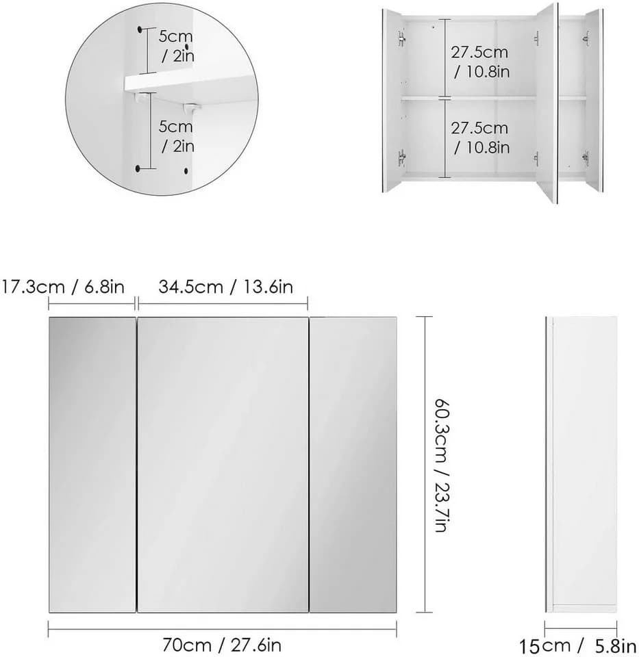 Homfa Spiegelschrank Badezimmerschrank 3 Türen Weiß Holz 70x60x15 cm - Bild 5