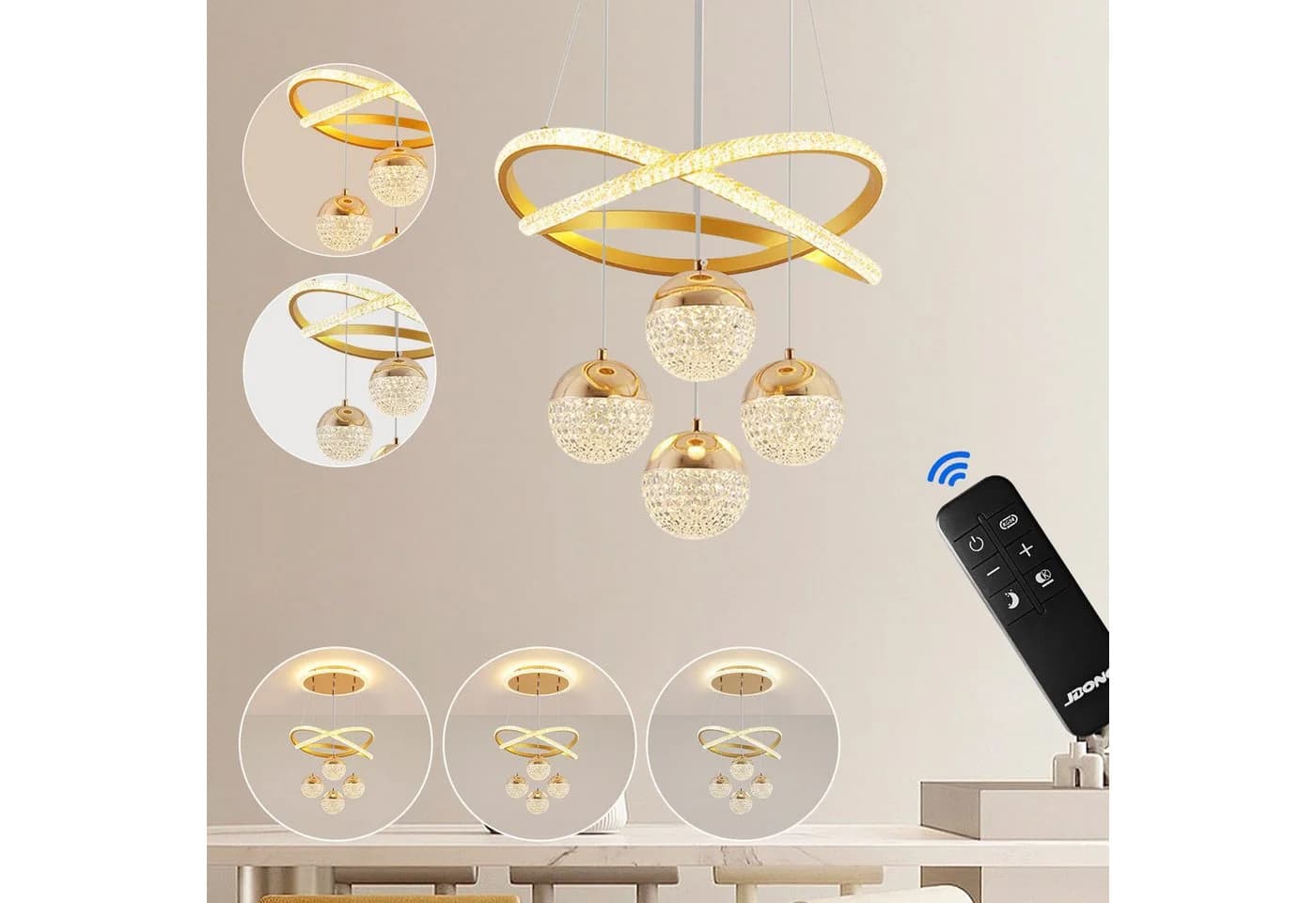 JDONG Pendelleuchte Dimmbar 54W LED 100cm Kronleuchter Kristall Gold