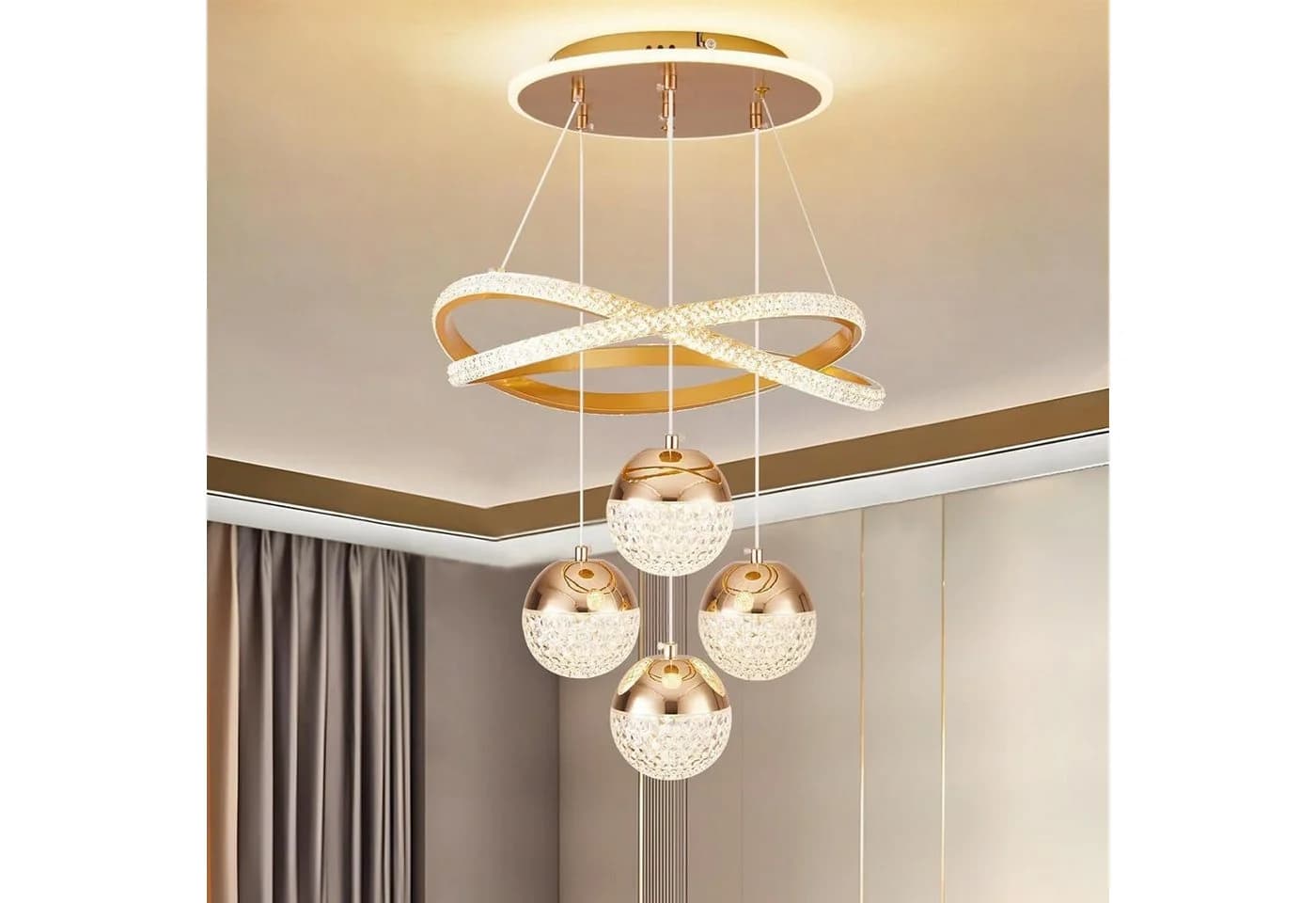 JDONG Pendelleuchte Dimmbar 54W LED 100cm Kronleuchter Kristall Gold - Bild 2