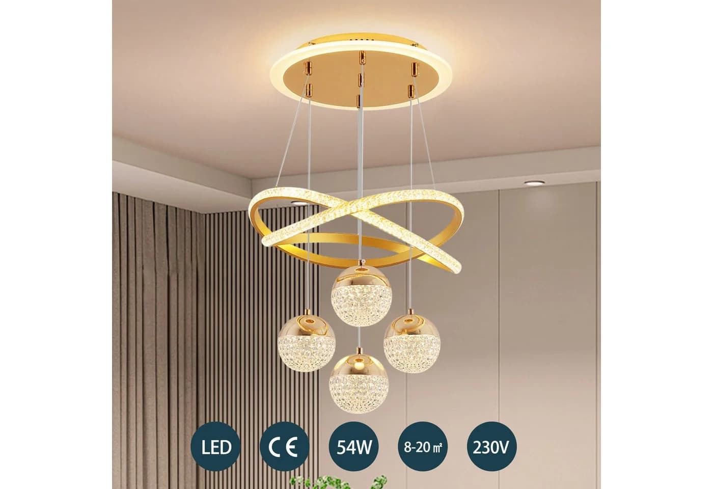 JDONG Pendelleuchte Dimmbar 54W LED 100cm Kronleuchter Kristall Gold - Bild 3