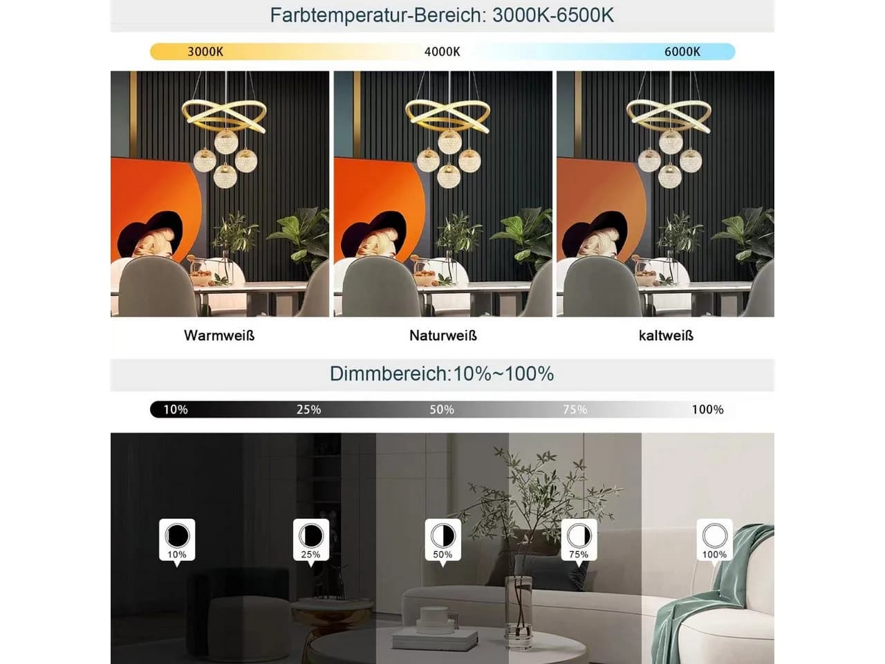 JDONG Pendelleuchte Dimmbar 54W LED 100cm Kronleuchter Kristall Gold - Bild 4