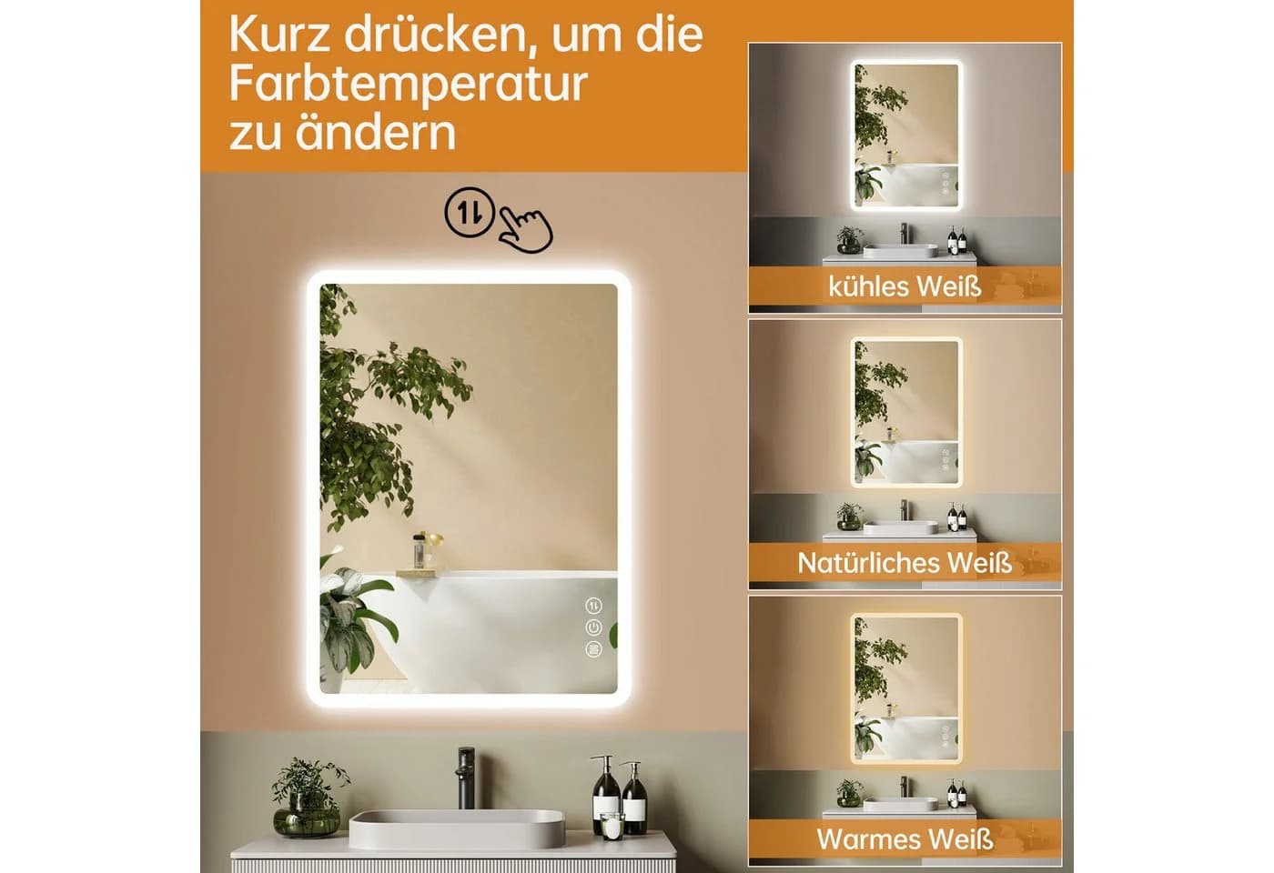JDONG LED Badspiegel mit Beleuchtung, Touch-Schalter, IP44, Entnebelung