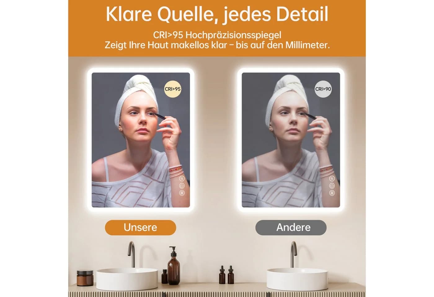 JDONG LED Badspiegel mit Beleuchtung, Touch-Schalter, IP44, Entnebelung - Bild 3