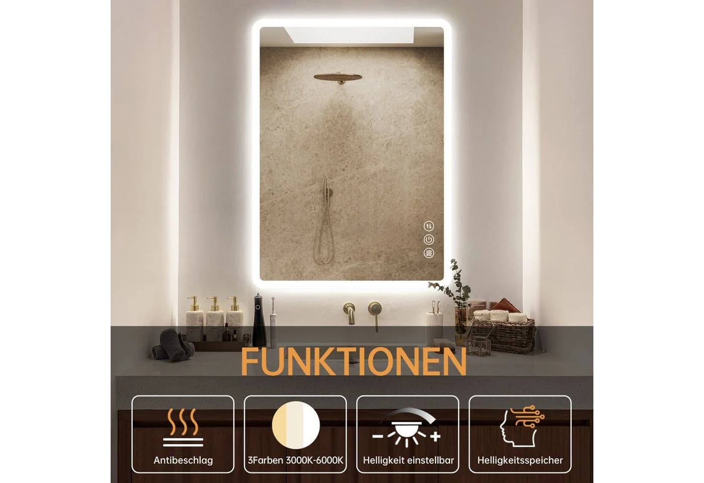 JDONG LED Badspiegel mit Beleuchtung, Touch-Schalter, IP44, Entnebelung - Bild 4
