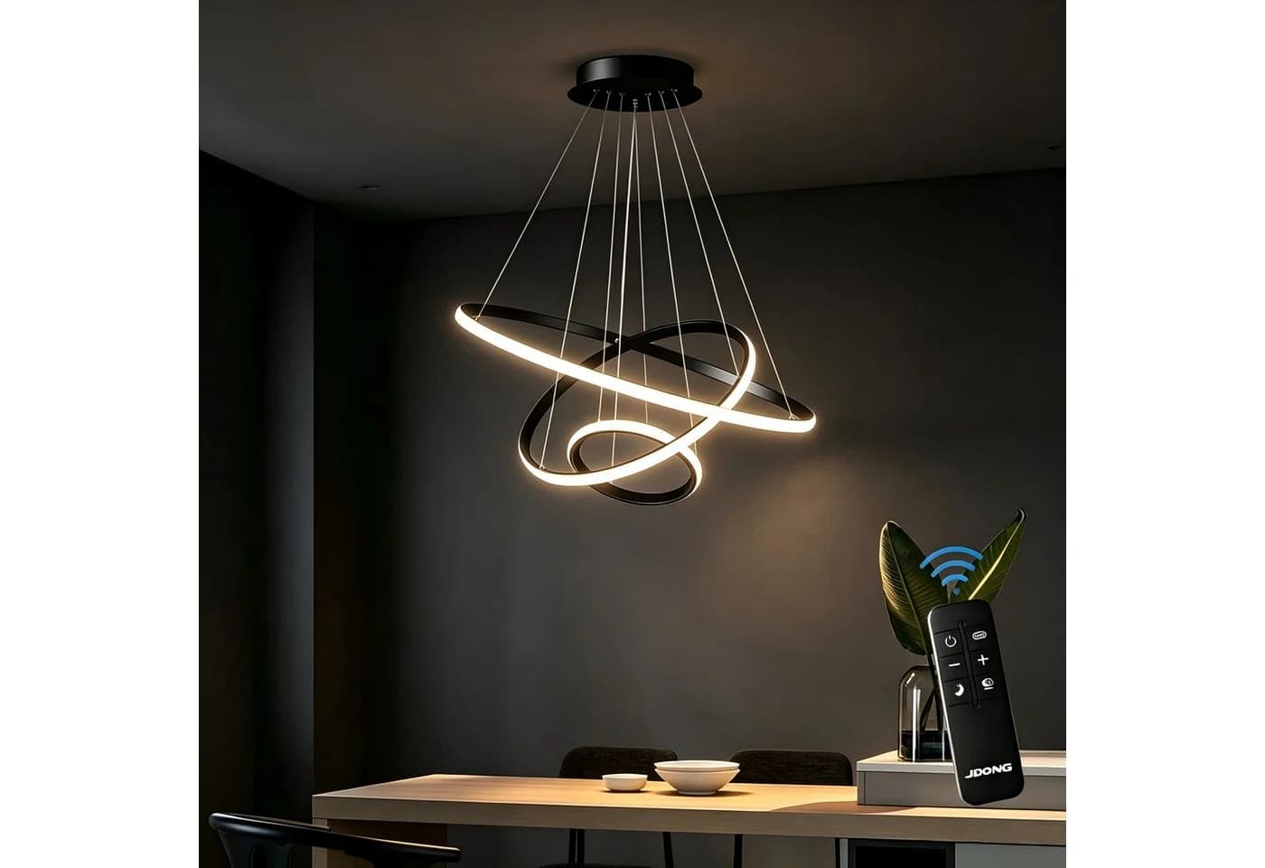 JDONG LED Pendelleuchte 3 Ringe Schwarz Dimmbar Fernbedienung - Bild 2