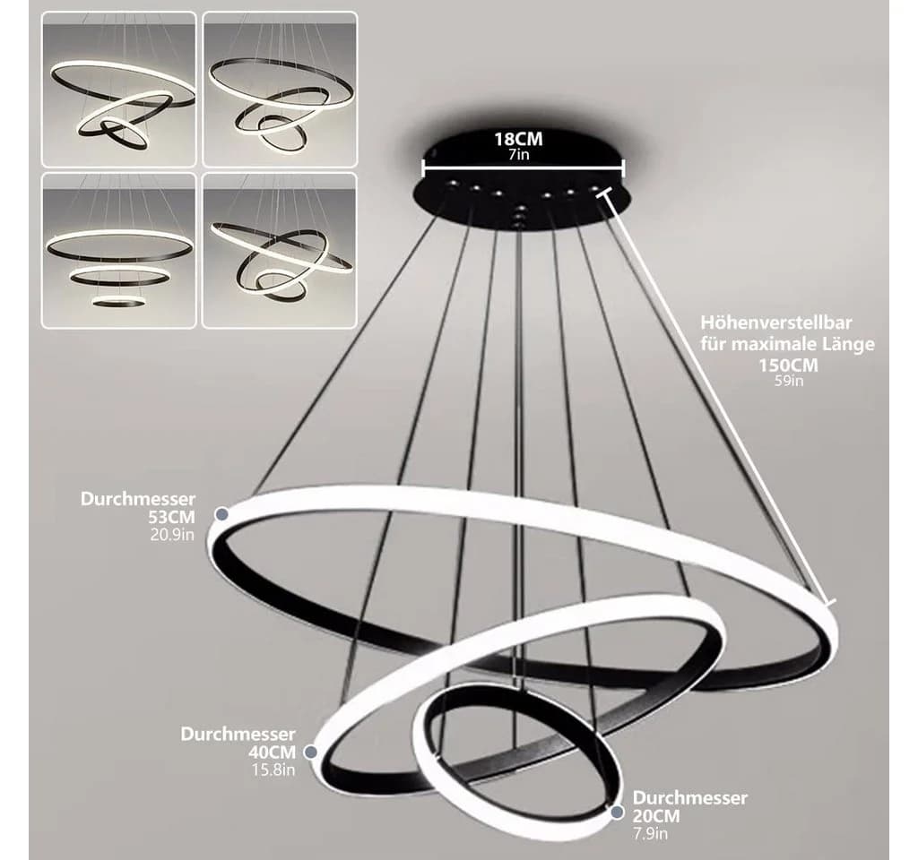 JDONG LED Pendelleuchte 3 Ringe Schwarz Dimmbar Fernbedienung - Bild 3