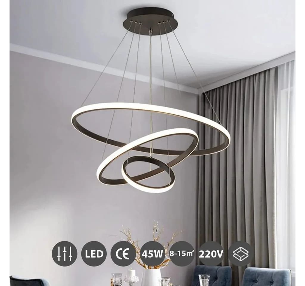 JDONG LED Pendelleuchte 3 Ringe Schwarz Dimmbar Fernbedienung - Bild 4