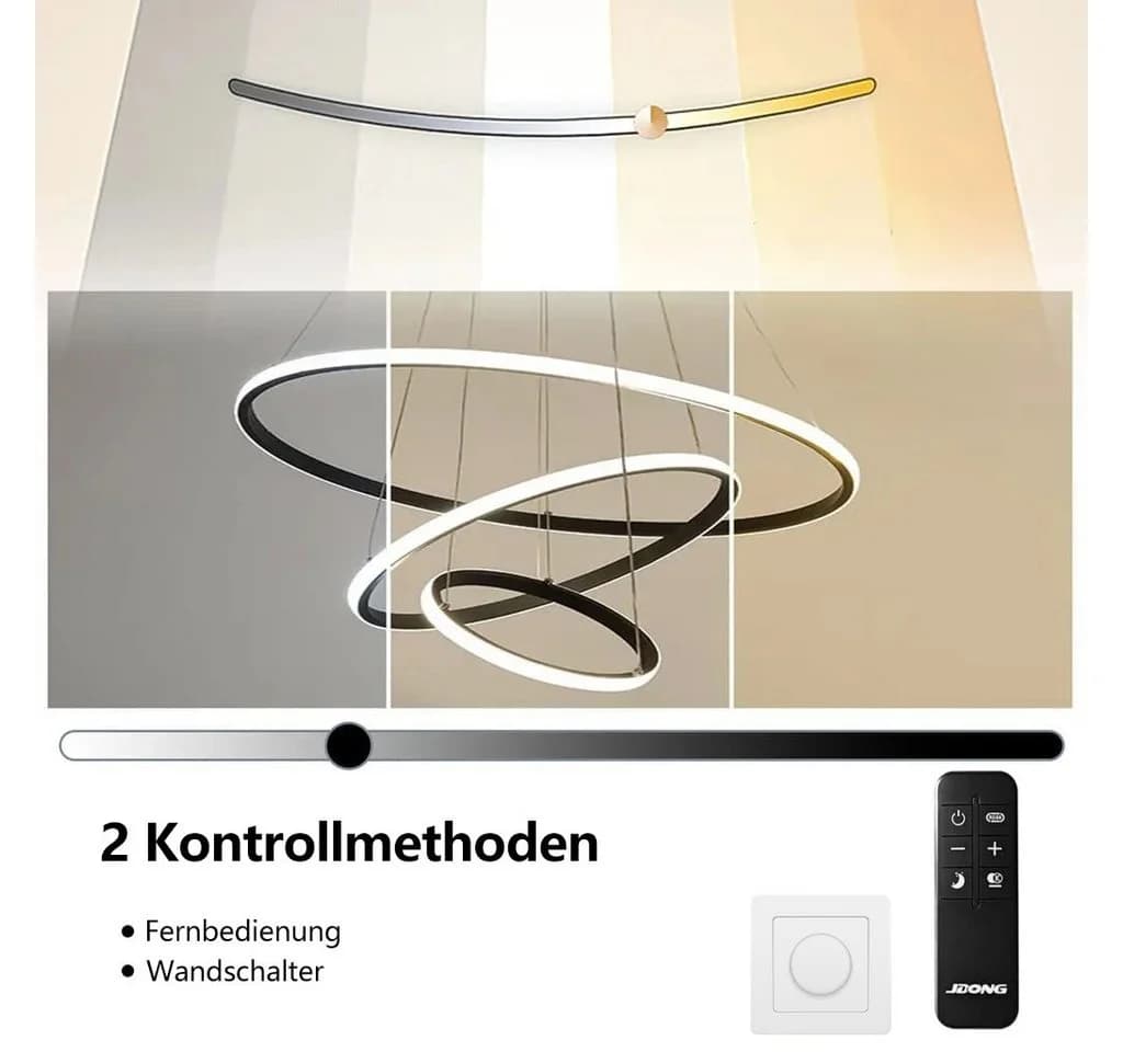 JDONG LED Pendelleuchte 3 Ringe Schwarz Dimmbar Fernbedienung - Bild 5