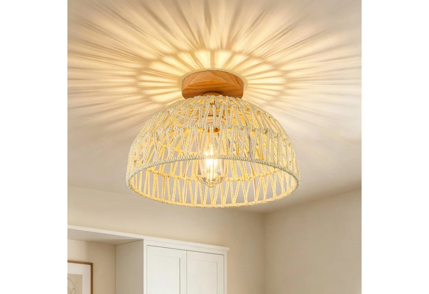 JDONG Deckenleuchte Rattan Boho Lampenschirm E27 Cremeweiß - Bild 2