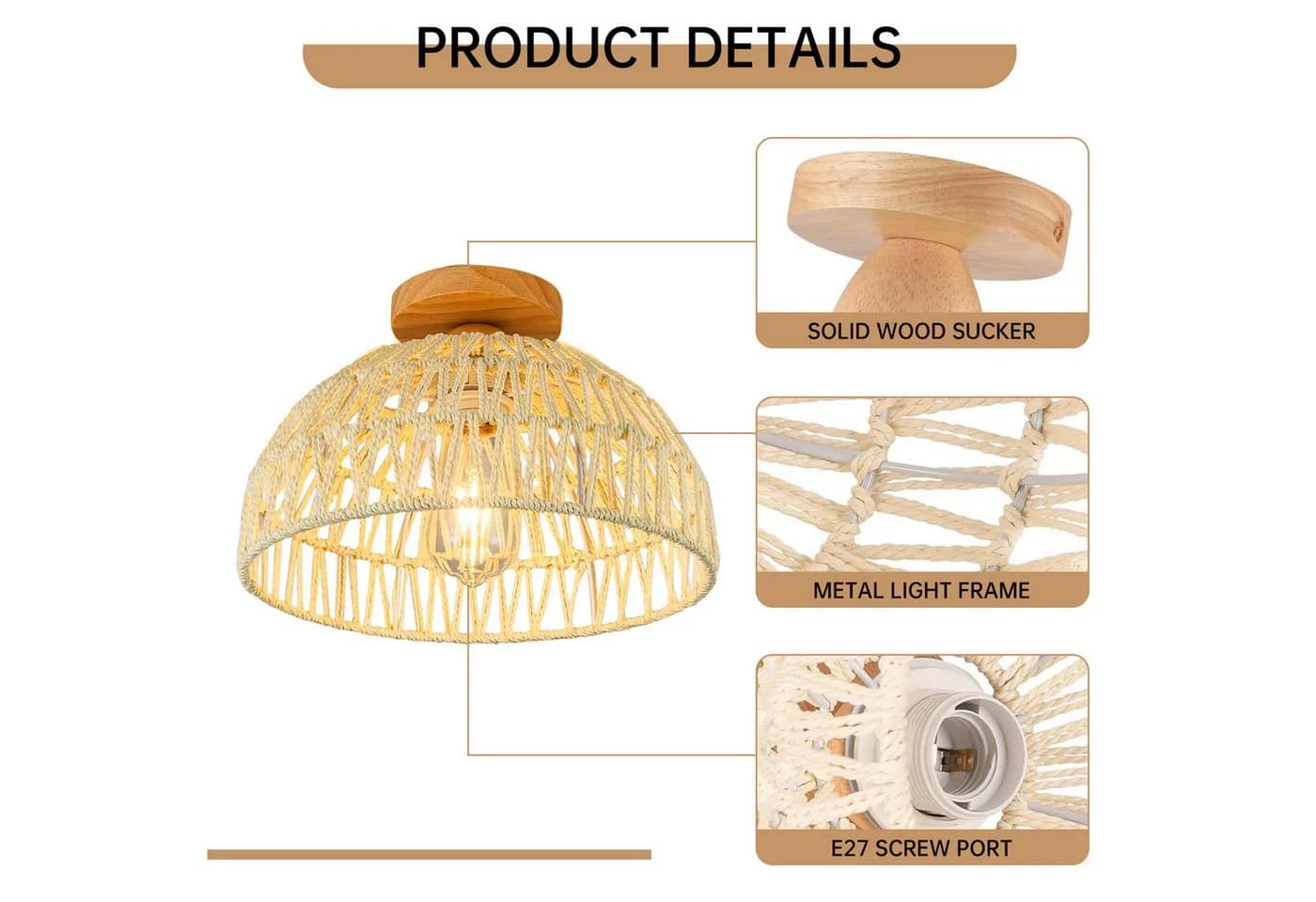 JDONG Deckenleuchte Rattan Boho Lampenschirm E27 Cremeweiß - Bild 3