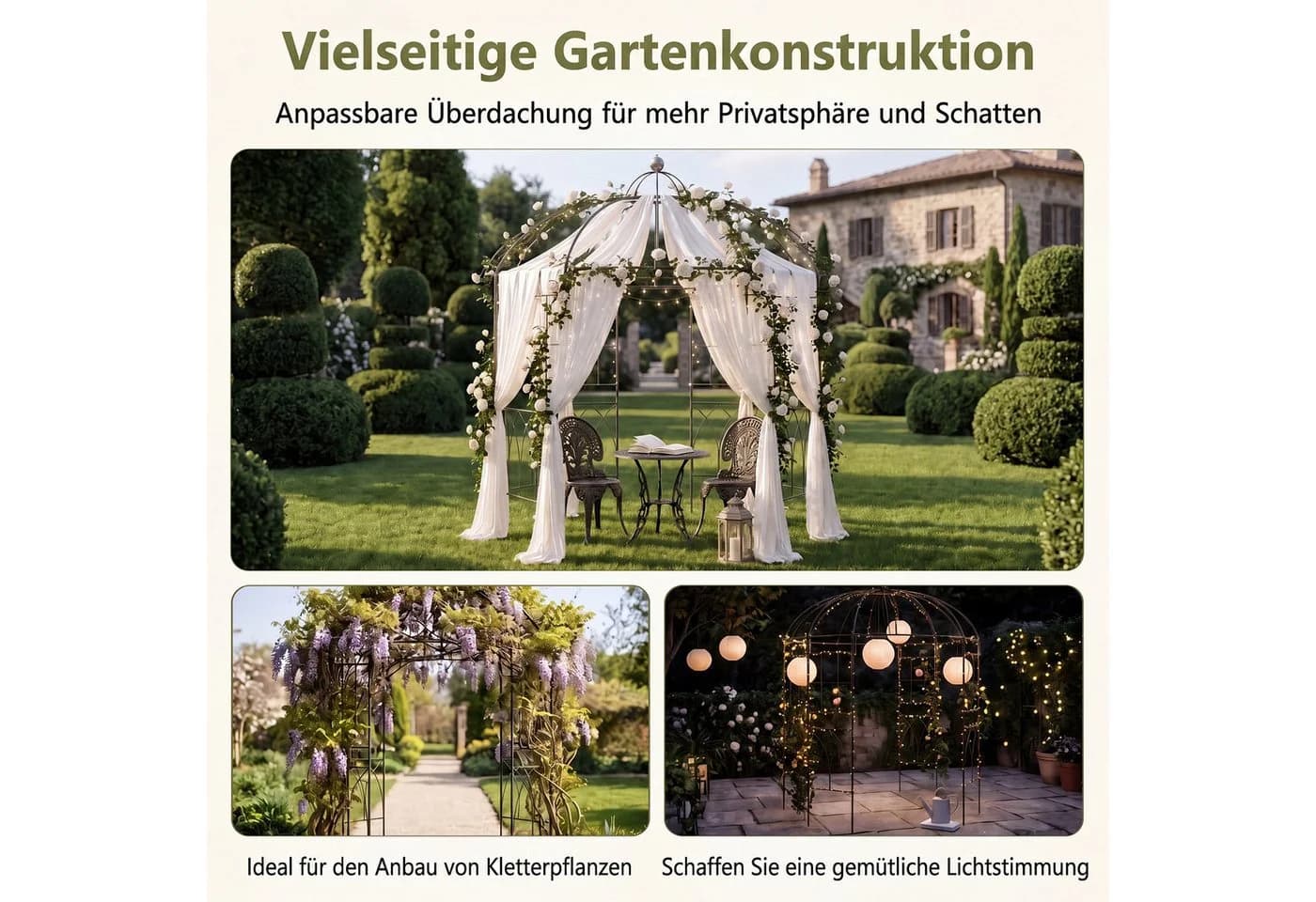 KOMFOTTEU Rosenbogen Gartenpavillon Metall Schwarz mit Rankhilfe & Dach - Bild 5