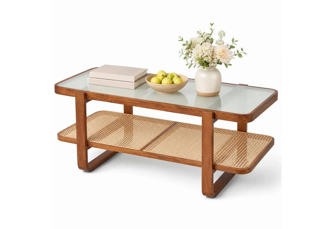 KOMFOTTEU Couchtisch mit Glasplatte & Rattan Ablage Braun - Bild 2