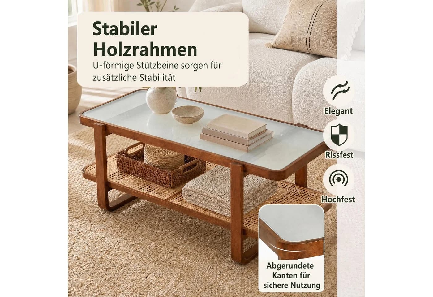 KOMFOTTEU Couchtisch mit Glasplatte & Rattan Ablage Braun - Bild 3
