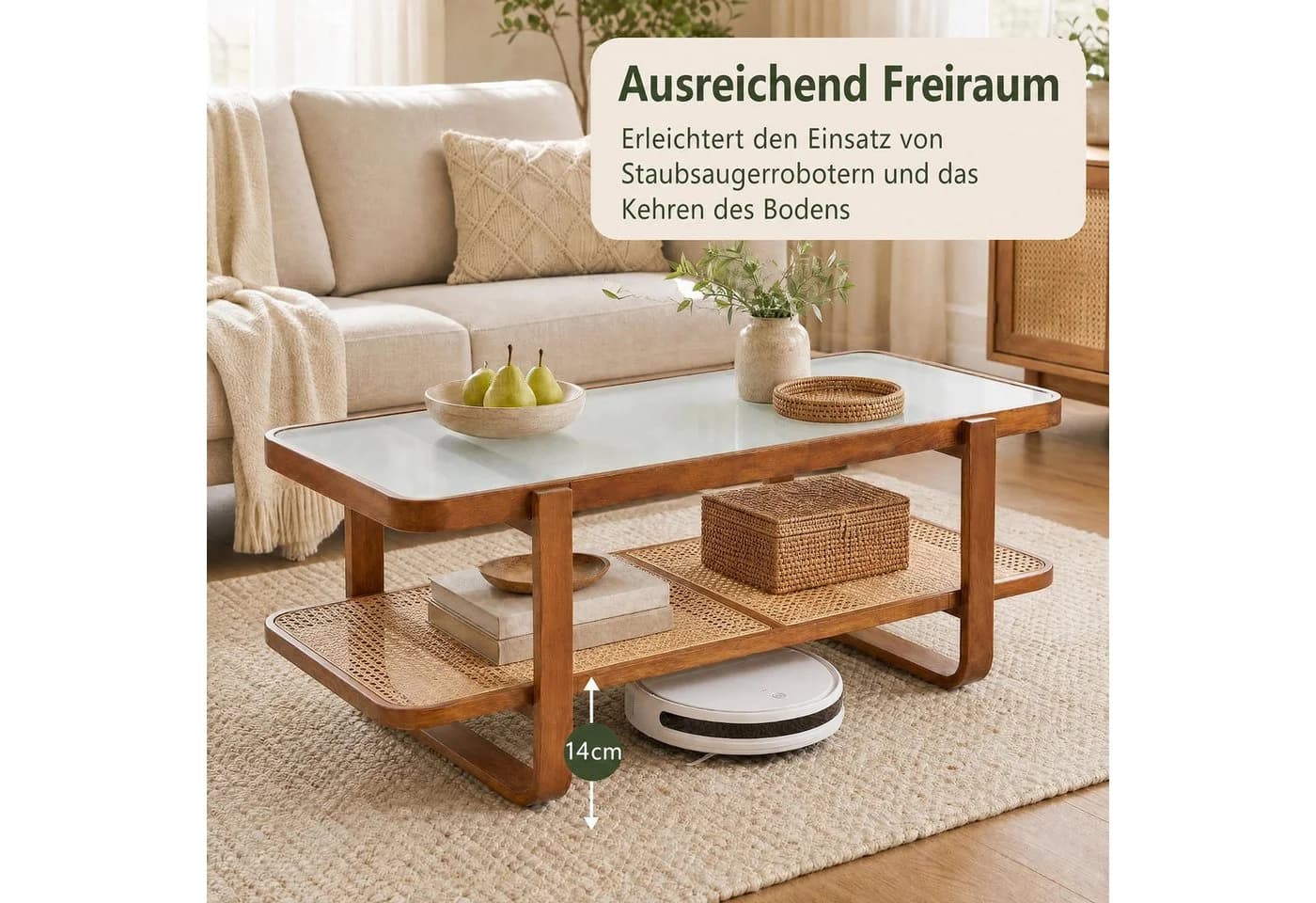 KOMFOTTEU Couchtisch mit Glasplatte & Rattan Ablage Braun - Bild 5