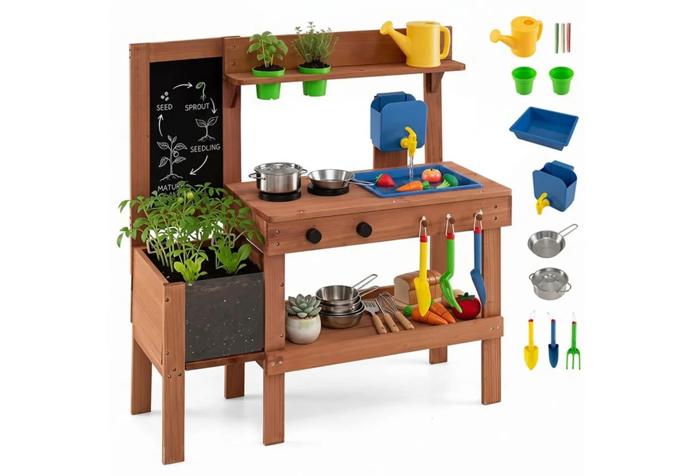 KOMFOTTEU Outdoor-Spielküche Matschküche mit Tafel & Pflanzkasten