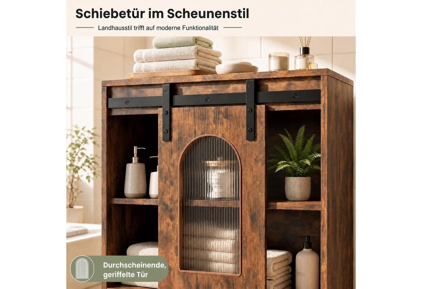 KOMFOTTEU Badkommode mit Schiebetür, Holzwerkstoff, Braun/Schwarz/Grau/Weiß - Bild 4