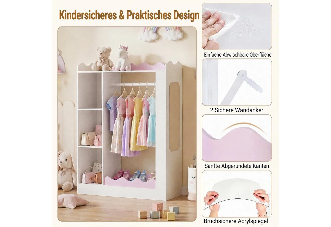 KOMFOTTEU Kinderkleiderschrank Rosa/Weiß mit Spiegel und Fächern