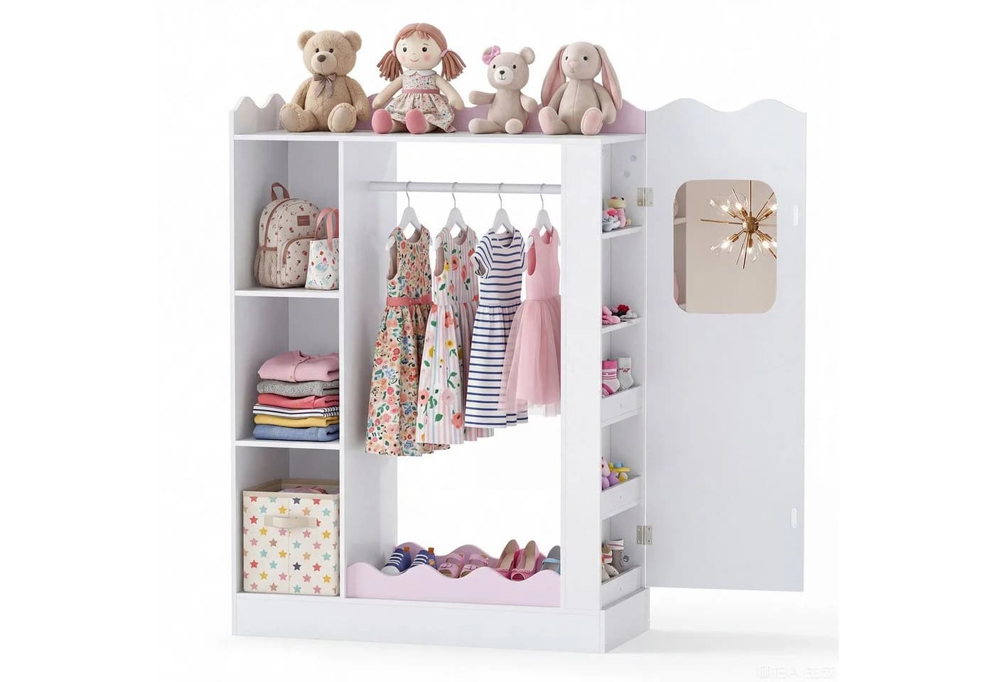 KOMFOTTEU Kinderkleiderschrank Rosa/Weiß mit Spiegel und Fächern - Bild 2