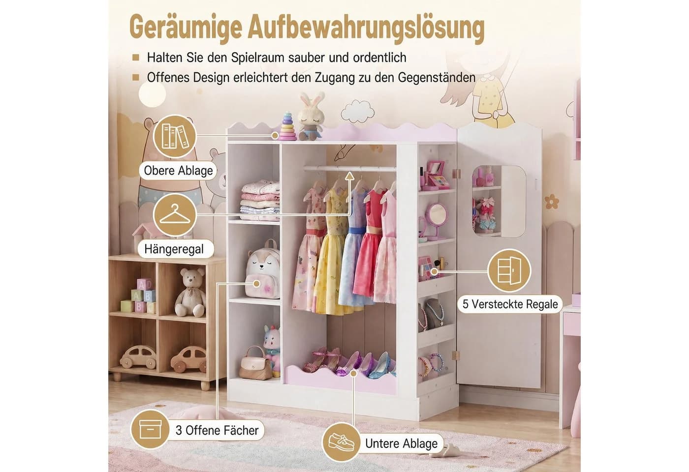 KOMFOTTEU Kinderkleiderschrank Rosa/Weiß mit Spiegel und Fächern - Bild 3