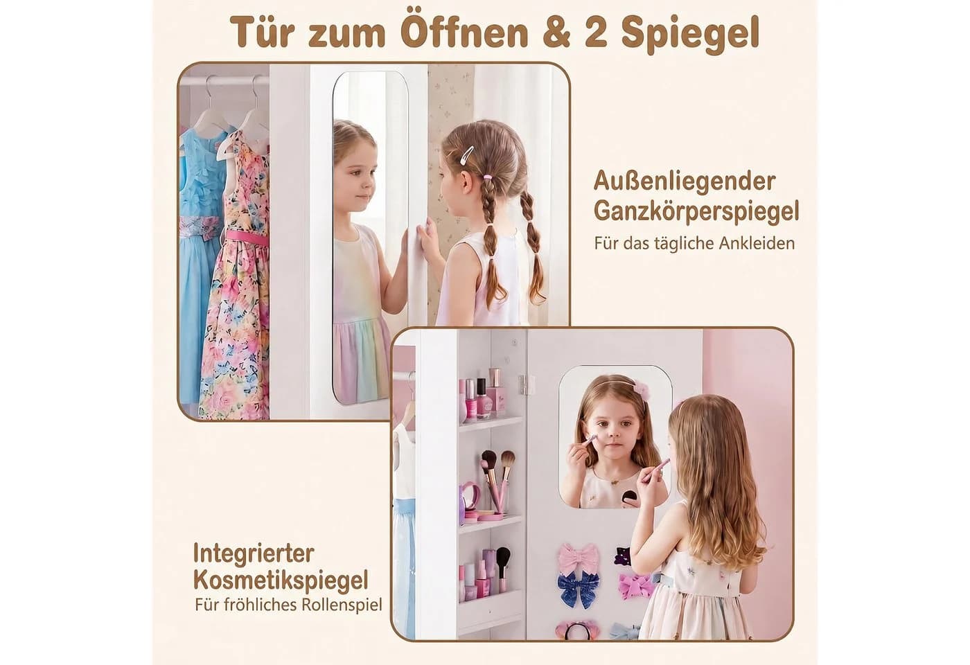 KOMFOTTEU Kinderkleiderschrank Rosa/Weiß mit Spiegel und Fächern - Bild 4