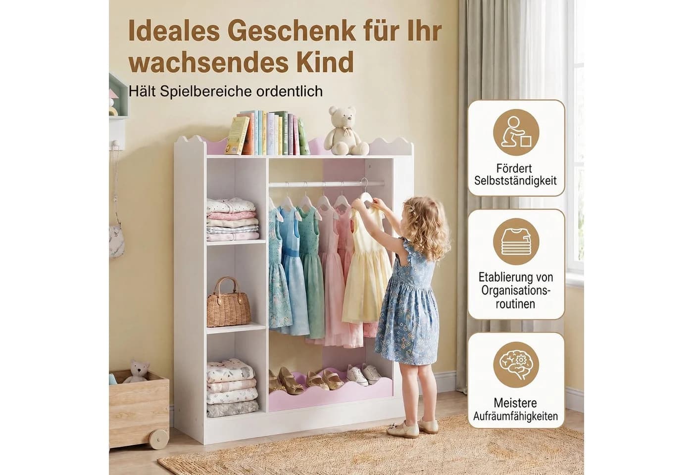 KOMFOTTEU Kinderkleiderschrank Rosa/Weiß mit Spiegel und Fächern - Bild 5