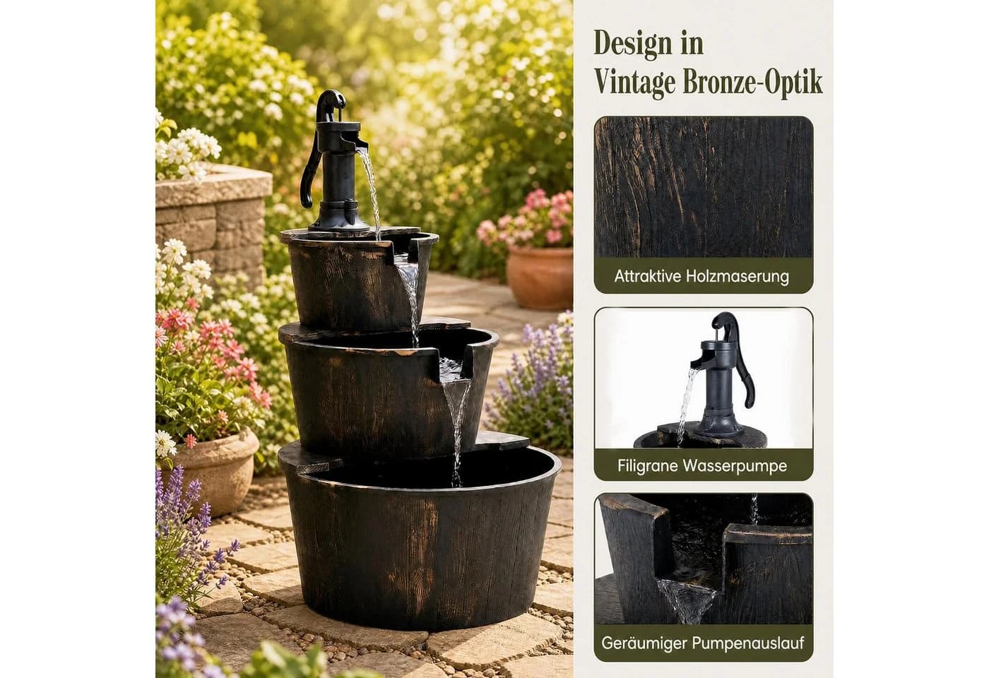 KOMFOTTEU Gartenbrunnen mit Verstellbarer Pumpe Antikbronze - Bild 3