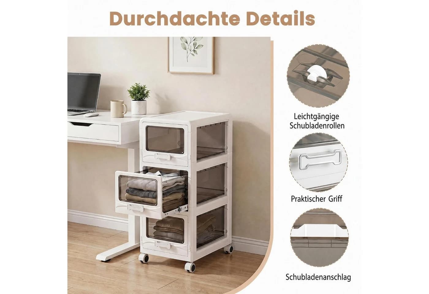 KOMFOTTEU Rollwagen Schubladenschrank Weiß Kunststoff mit Rollen - Bild 3