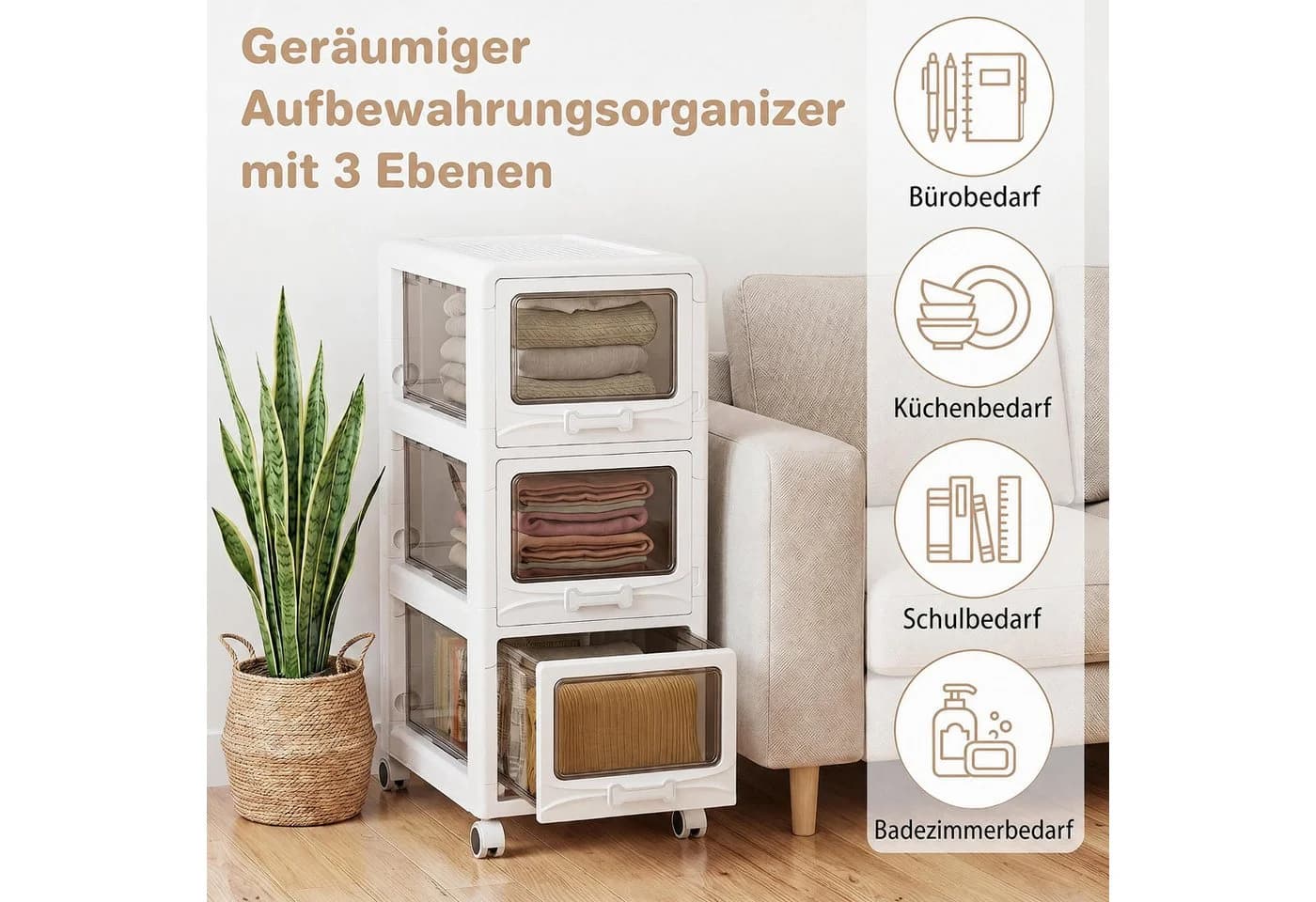 KOMFOTTEU Rollwagen Schubladenschrank Weiß Kunststoff mit Rollen - Bild 4