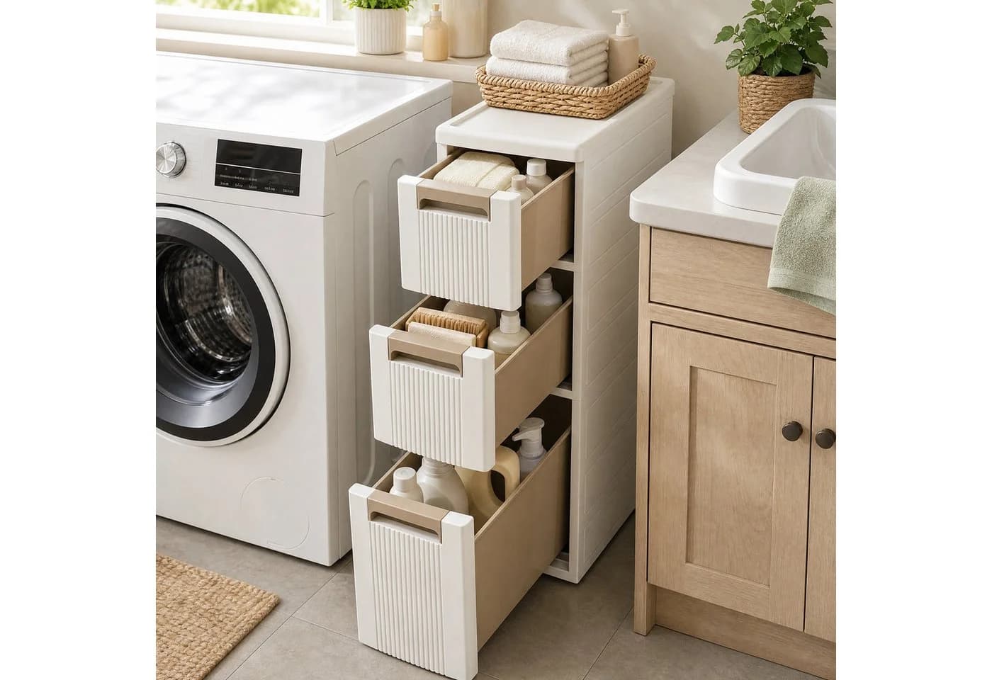 KOMFOTTEU Nischenschrank Beige mit Schubladen und Rollen