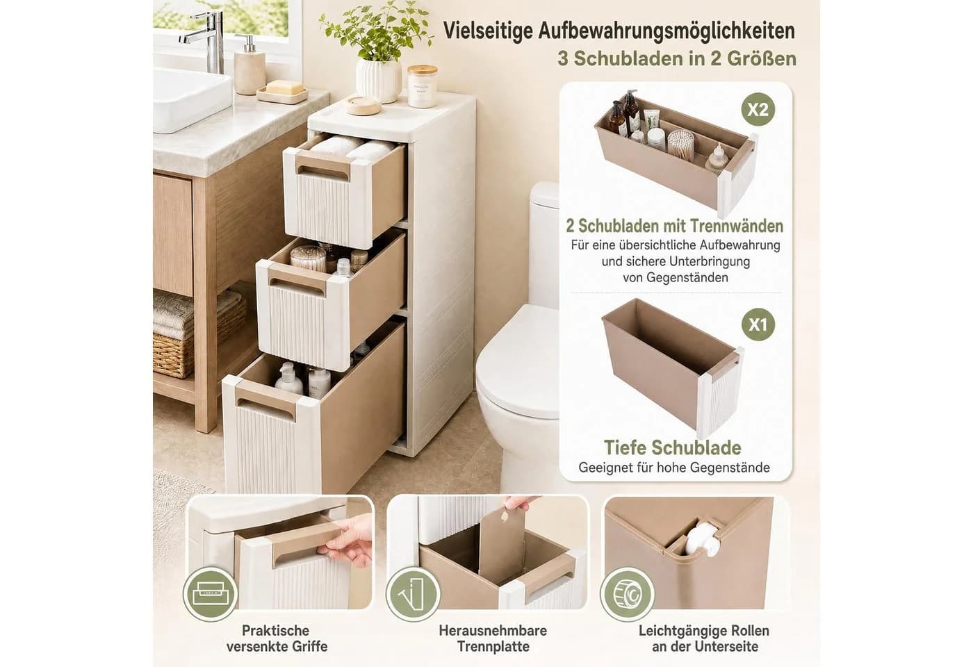 KOMFOTTEU Nischenschrank Beige mit Schubladen und Rollen - Bild 3