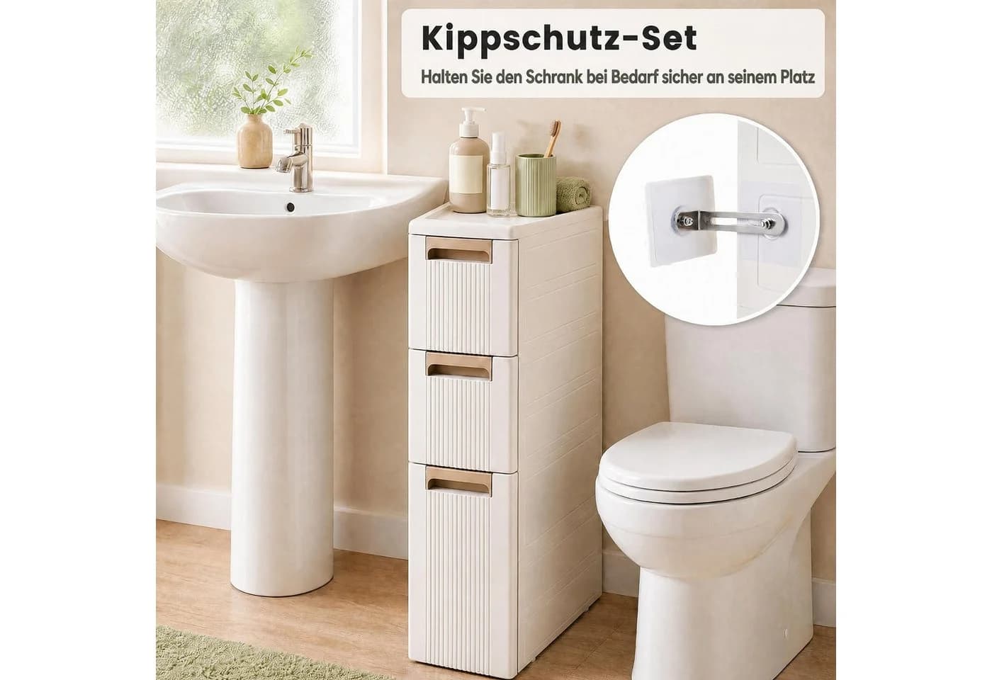 KOMFOTTEU Nischenschrank Beige mit Schubladen und Rollen - Bild 4