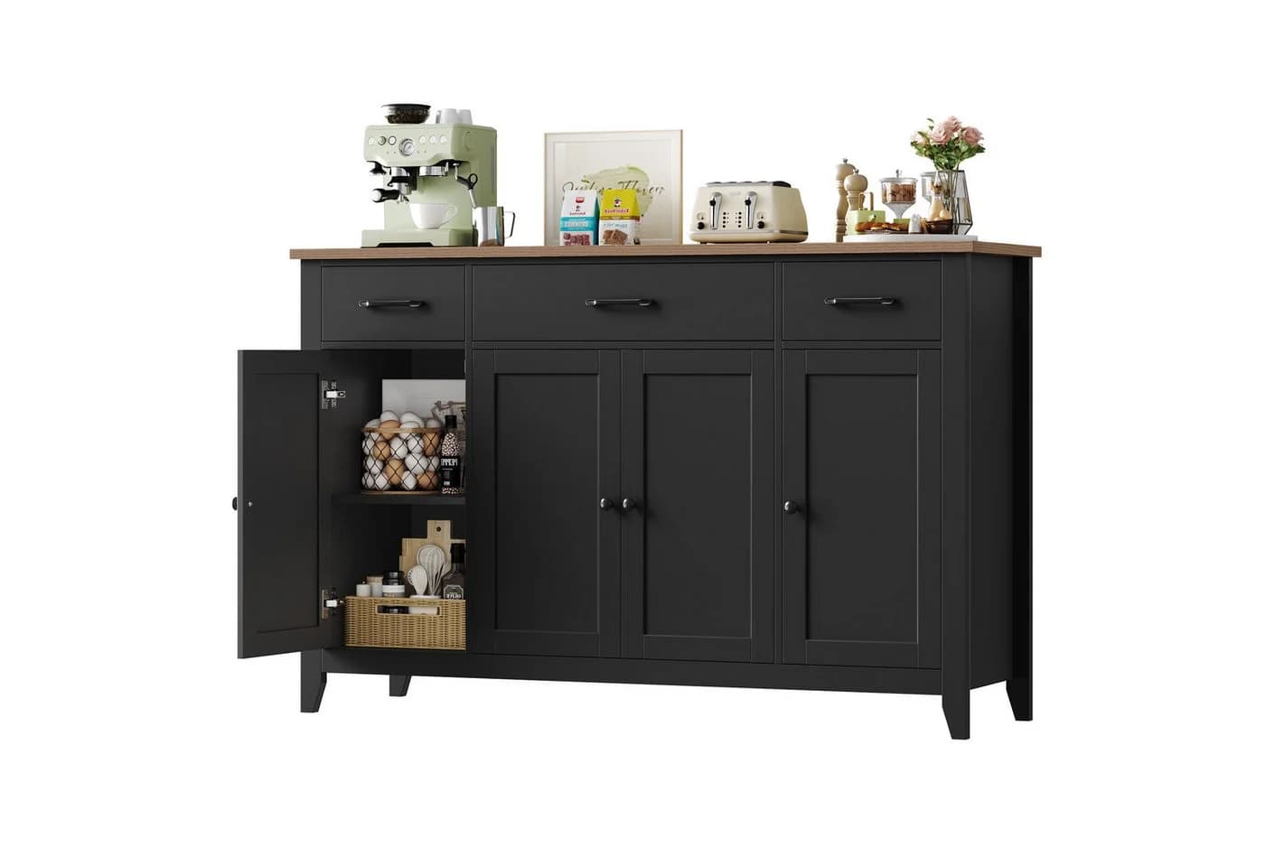 HOMECHO Sideboard 140 cm Schwarz mit Schubladen & Türen - Bild 2