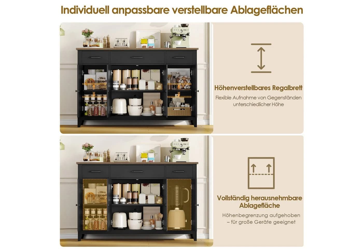 HOMECHO Sideboard 140 cm Schwarz mit Schubladen & Türen - Bild 3