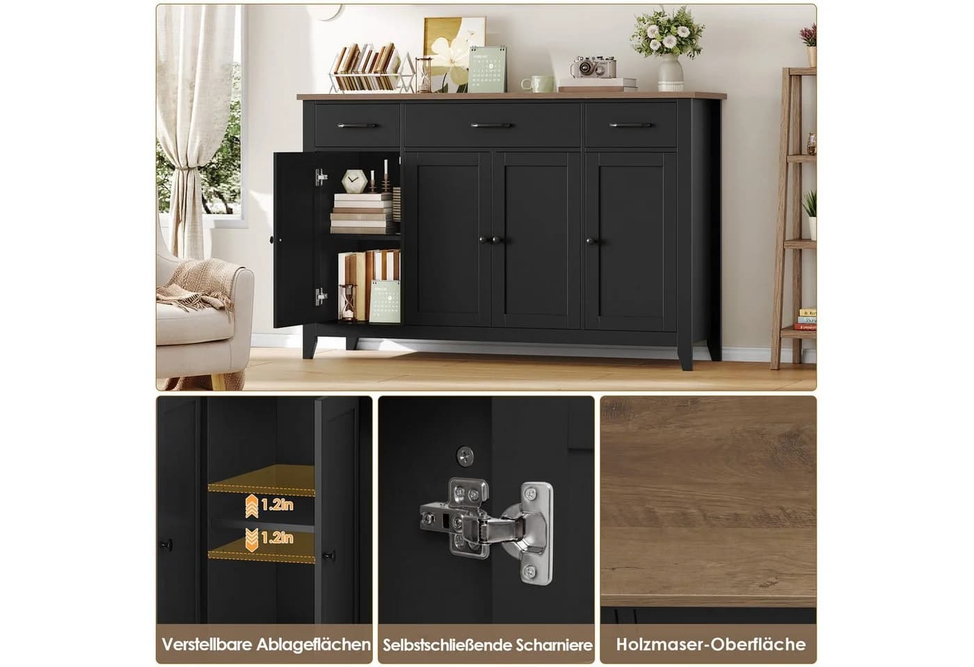 HOMECHO Sideboard 140 cm Schwarz mit Schubladen & Türen - Bild 4