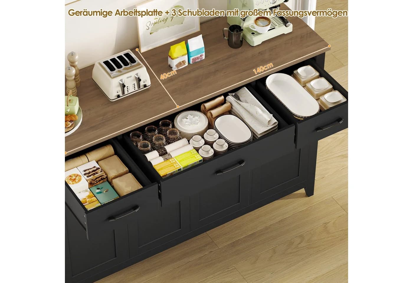 HOMECHO Sideboard 140 cm Schwarz mit Schubladen & Türen - Bild 5