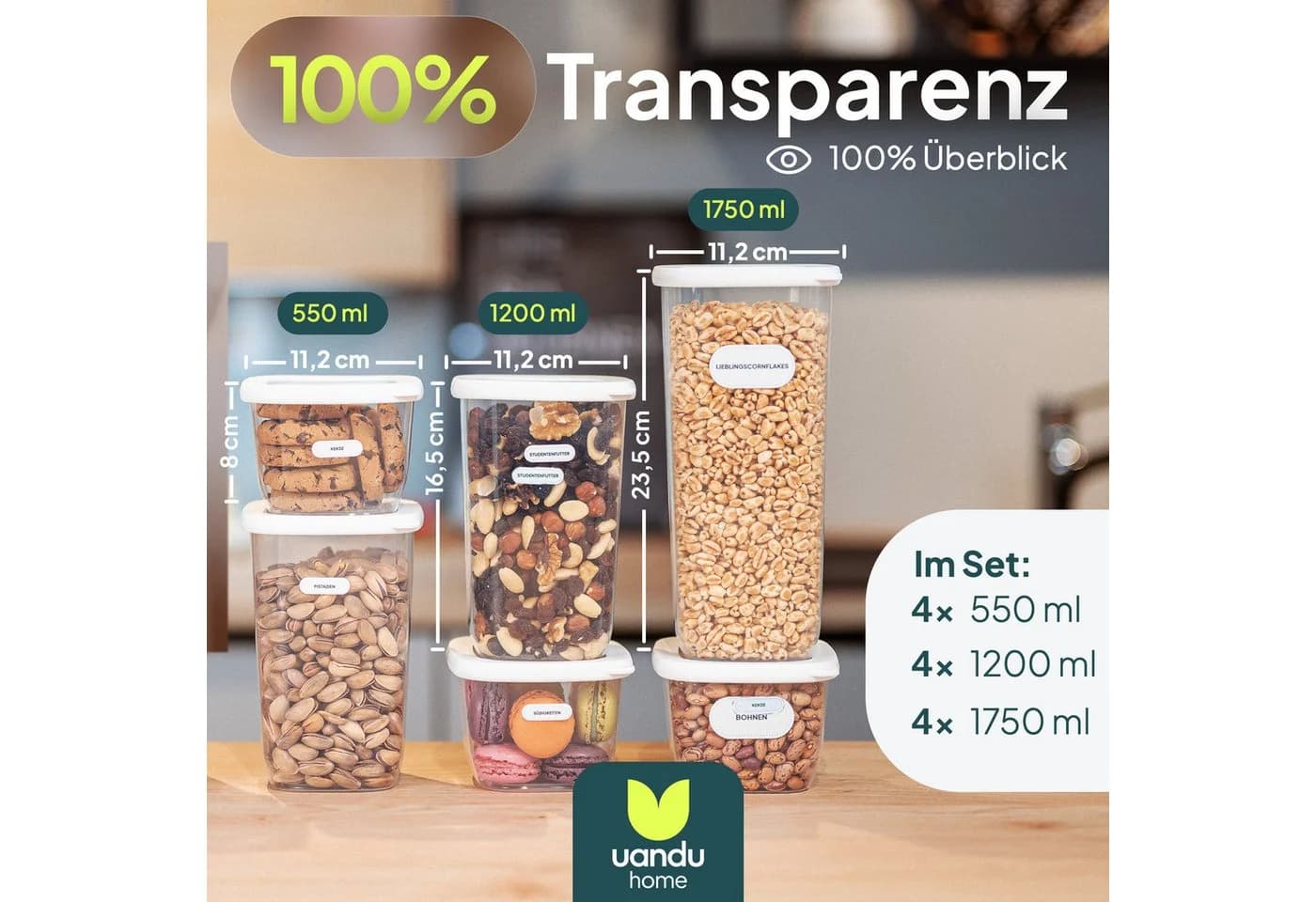 uandu home Vorratsdosen Set Luftdicht BPA-Frei Transparent Weiß - Bild 3