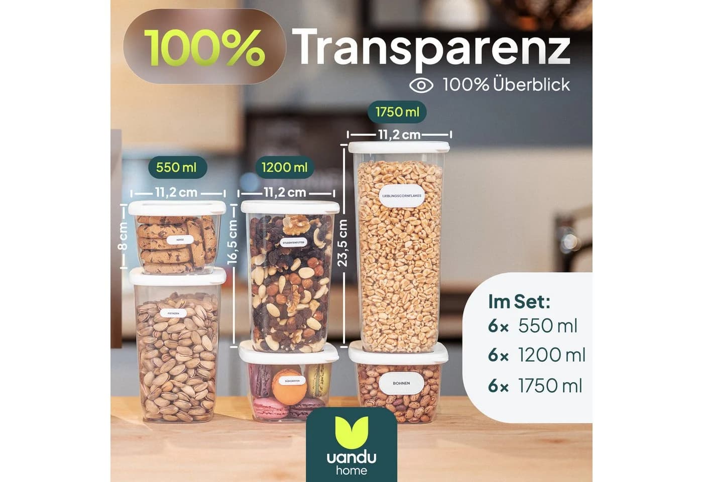 uandu home Vorratsdosen Set Luftdicht BPA-Frei Transparent Weiß - Bild 3