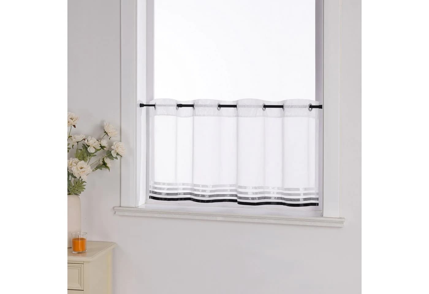 Yujiao Mao Scheibengardine 1 St. Ösen Transparent Satinband Voile Weiß Schwarz