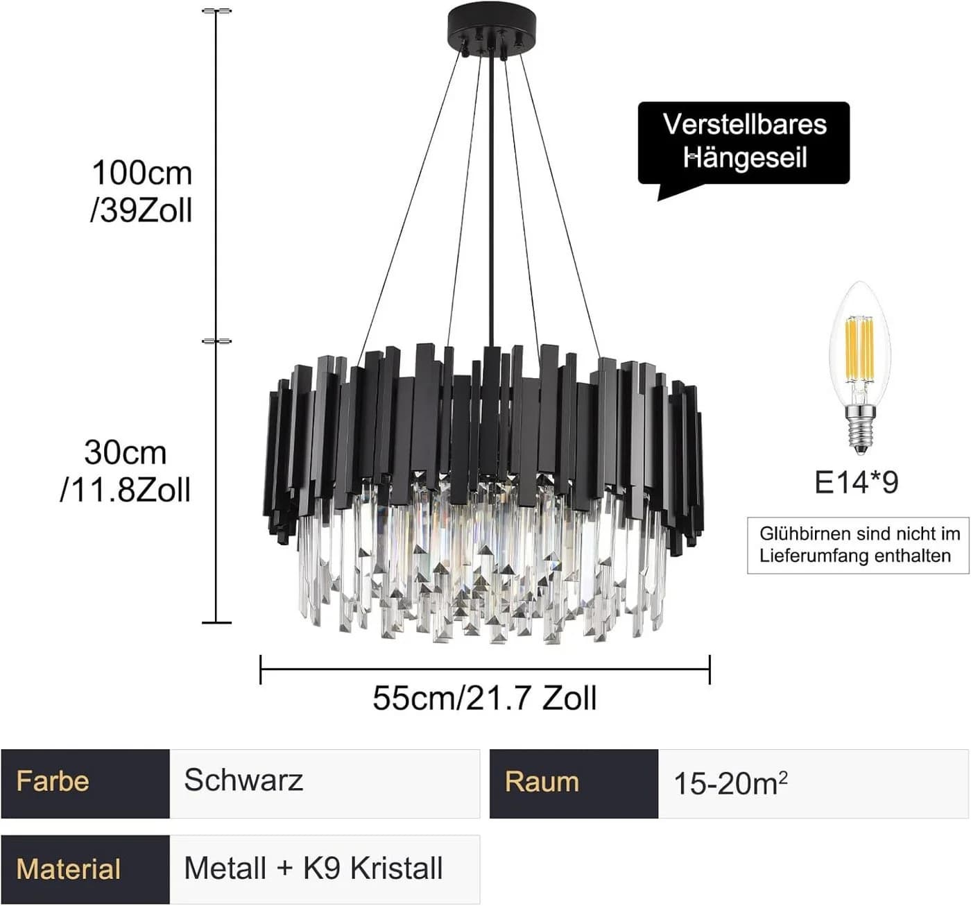 RRBEST Kristall Kronleuchter Schwarz Silber 9x E14 - Bild 3