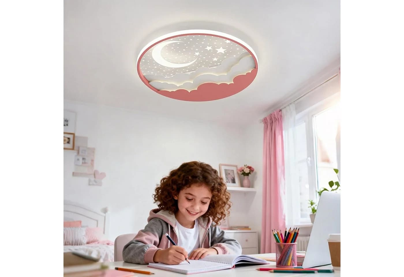 RRBEST LED Deckenleuchte Kinder Rosa Stern Mond Dimmbar Fernbedienung