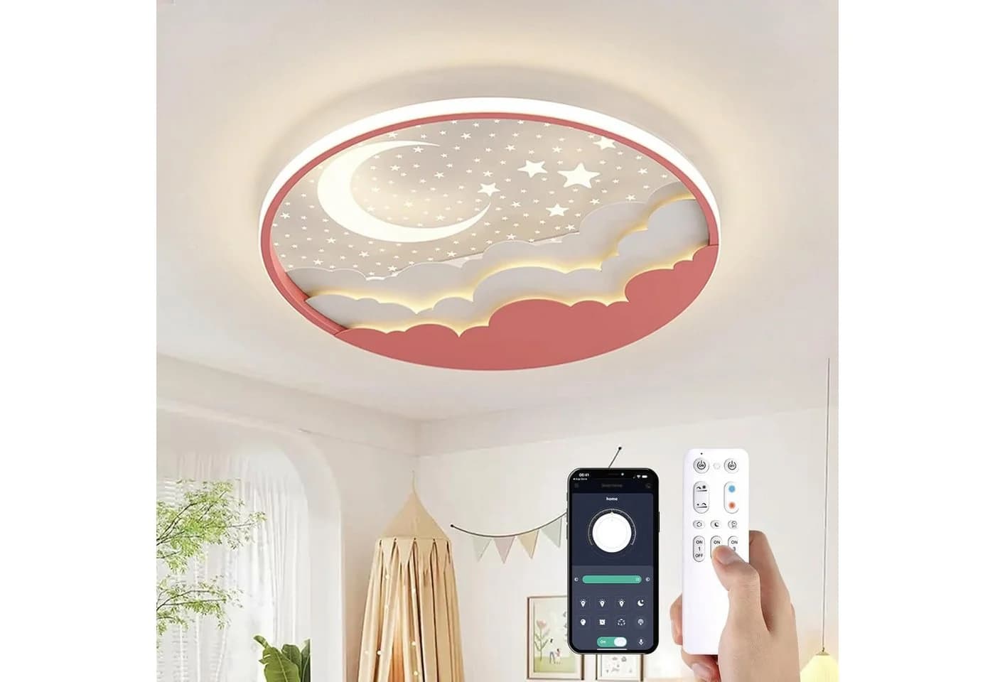 RRBEST LED Deckenleuchte Kinder Rosa Stern Mond Dimmbar Fernbedienung - Bild 2