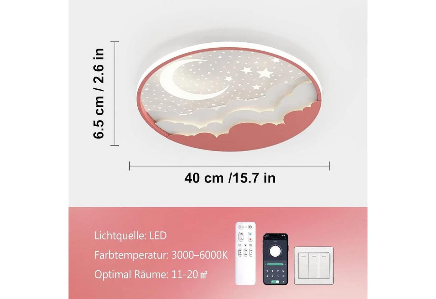 RRBEST LED Deckenleuchte Kinder Rosa Stern Mond Dimmbar Fernbedienung - Bild 4