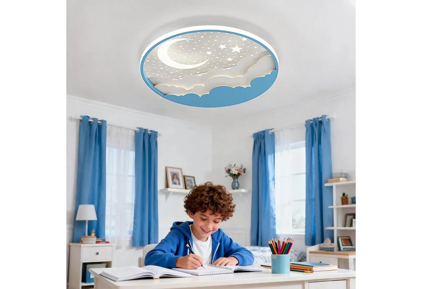 RRBEST LED Deckenleuchte Kinder Stern Mond Dimmbar Fernbedienung Blau