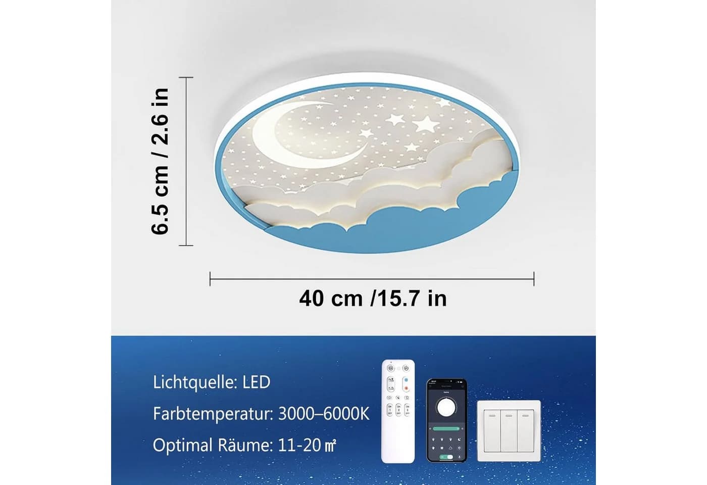 RRBEST LED Deckenleuchte Kinder Stern Mond Dimmbar Fernbedienung Blau - Bild 4