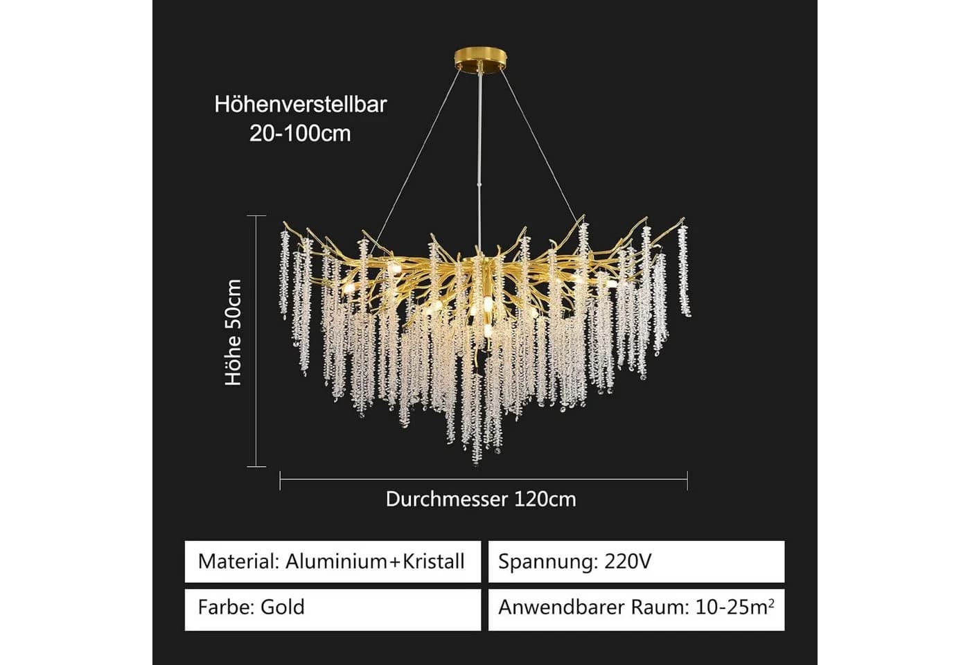 RRBEST Moderner Kristall-Kronleuchter Dimmbar Gold 120x120 cm - Bild 5